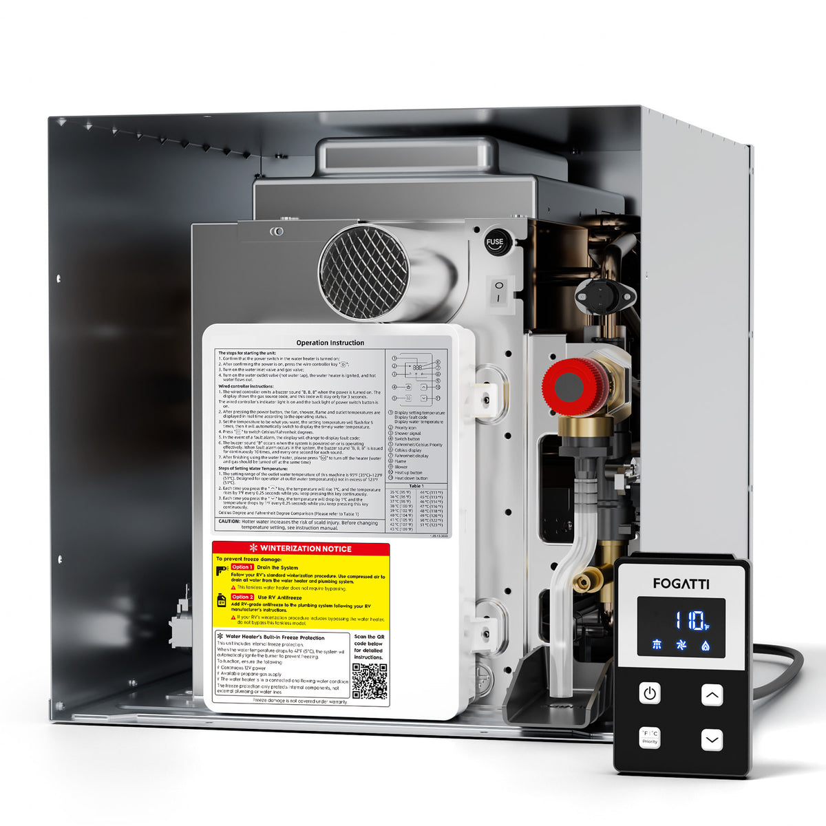 Open-view interior of a Fogatti RV Tankless Water Heater without the front door, showcasing the copper pipes, heat exchanger, and digital control panel.