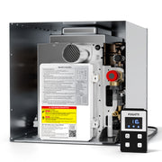 Open-view interior of a Fogatti RV Tankless Water Heater without the front door, showcasing the copper pipes, heat exchanger, and digital control panel.