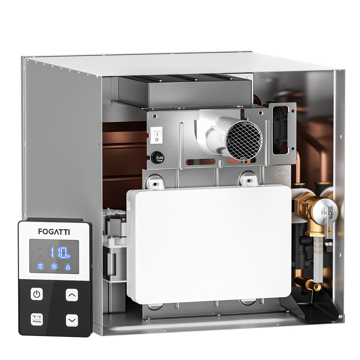 Open-view interior of a Fogatti RV Tankless Water Heater without the front door, showcasing the copper pipes, heat exchanger, and digital control panel.