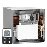 Open-view interior of a Fogatti RV Tankless Water Heater without the front door, showcasing the copper pipes, heat exchanger, and digital control panel.