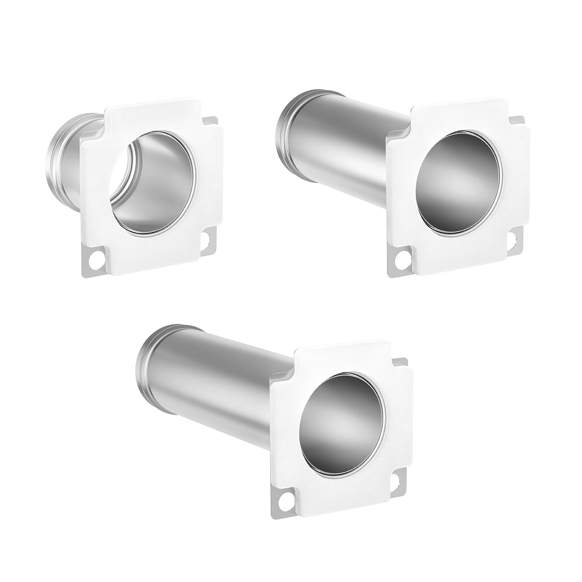 Three metal pipe fittings displayed: a threaded elbow, a straight connector, and a T-joint, showcasing various designs.