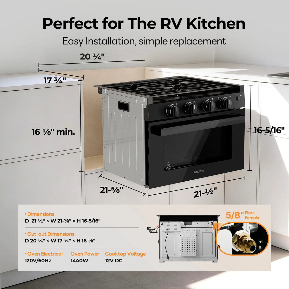 FOGATTI 17-Inch Dual-Fuel RV Range with Air Fryer, 3-Burner Propane Cooktop & Pulse Ignition