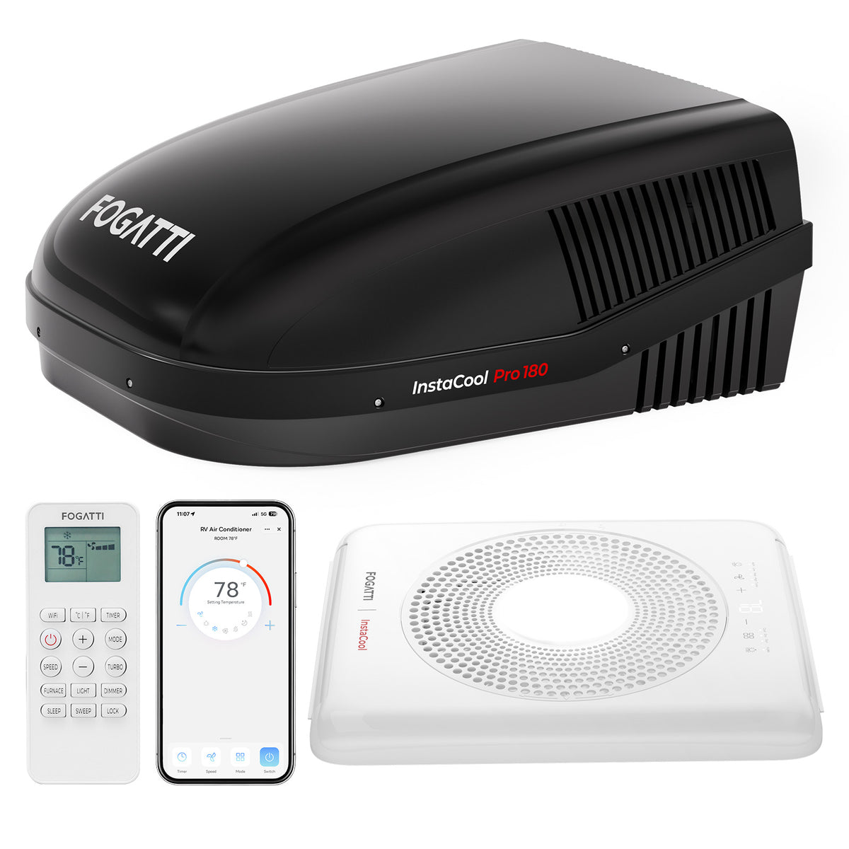 FOGATTI InstaCool Pro 18,000 BTU RV Rooftop Air Conditioner | Fast Cool | Black