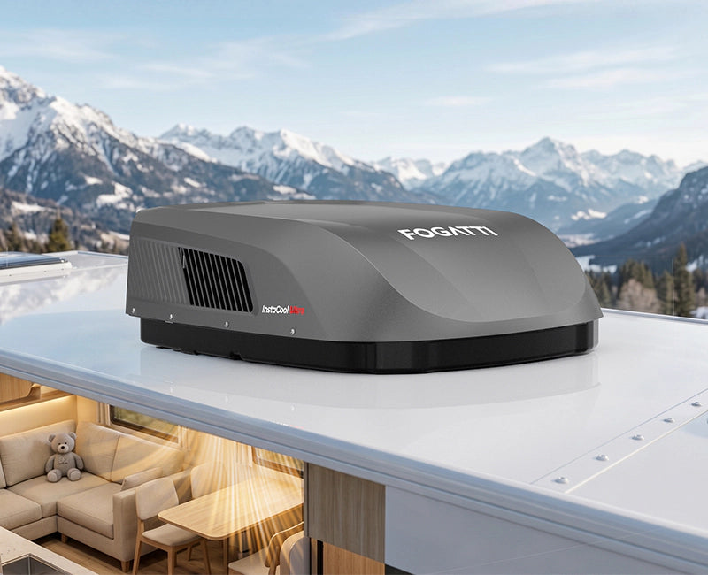 InstaCool Ultra RV rooftop air conditioner with heat pump, showcasing superior performance in a winter camping setting.