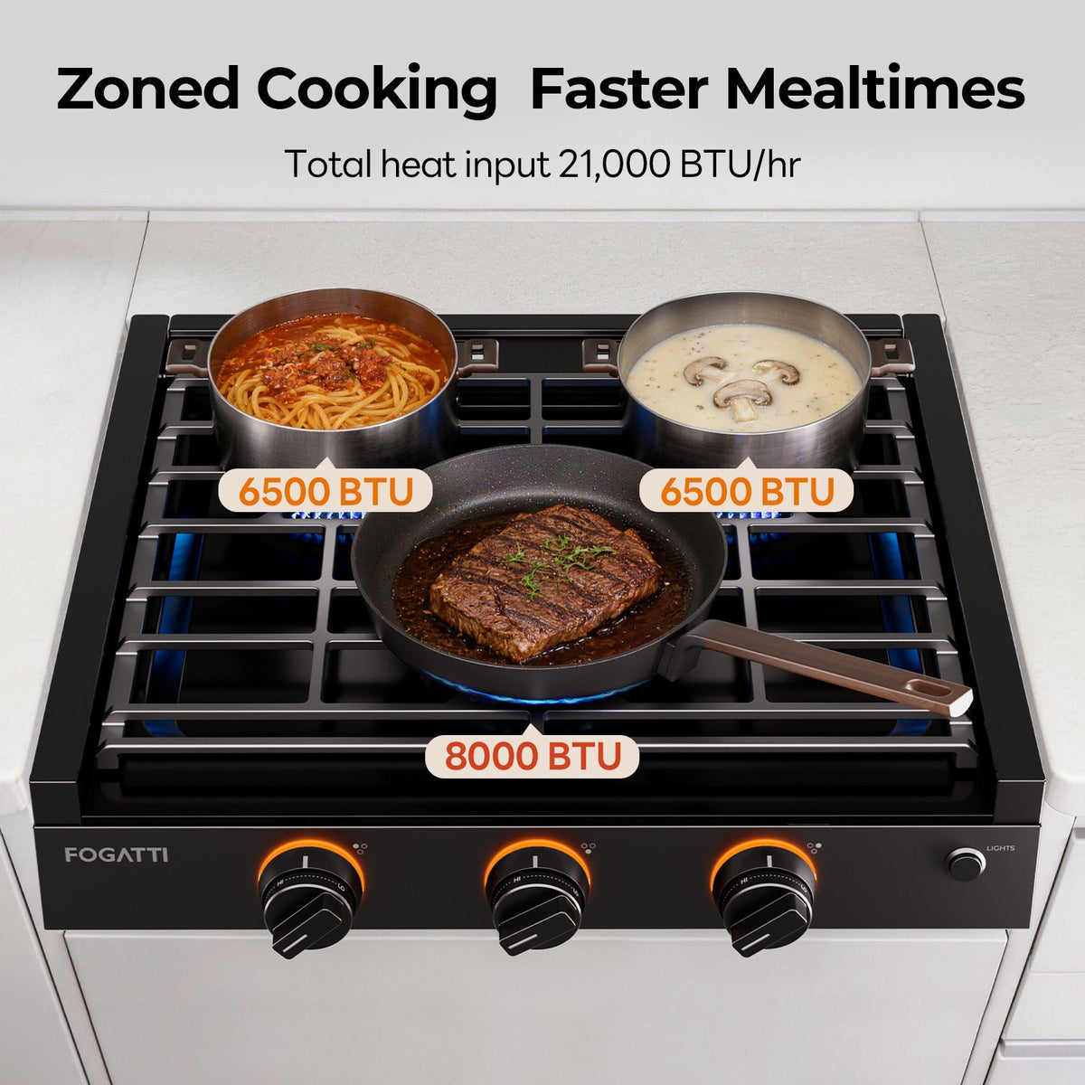 FOGATTI 21-Inch RV Gas Cooktop with 3 Burners,21,000 BTU for RV Cooking