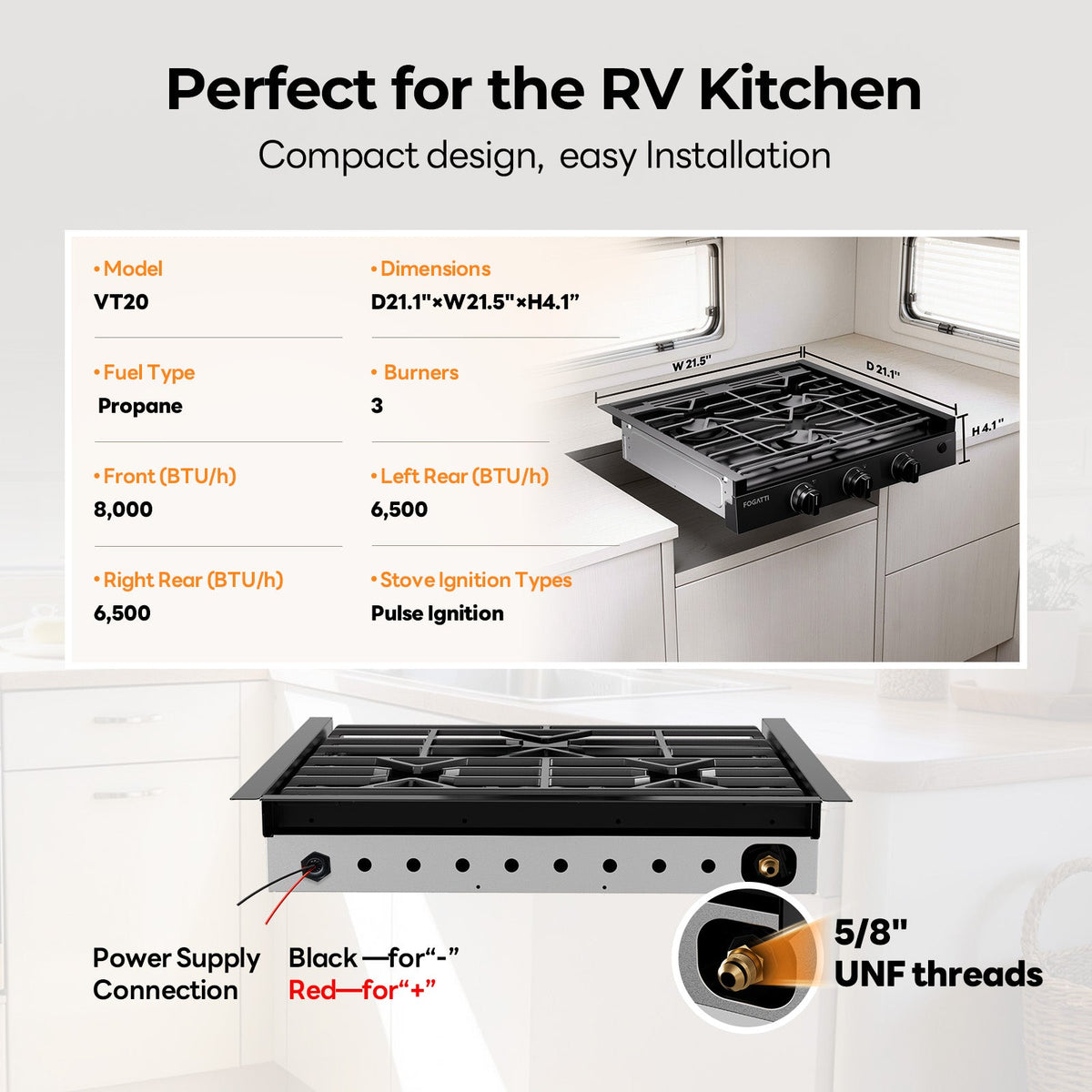 FOGATTI 21-Inch RV Gas Cooktop with 3 Burners,21,000 BTU for RV Cooking