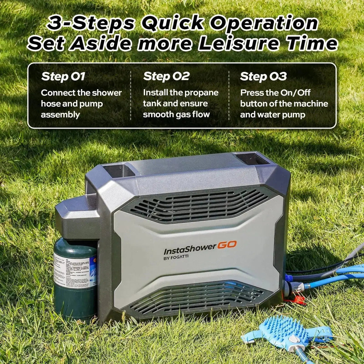 Fogatti InstaShower GO Outdoor Portable Propane Water Heater with Pump, 19000BTU