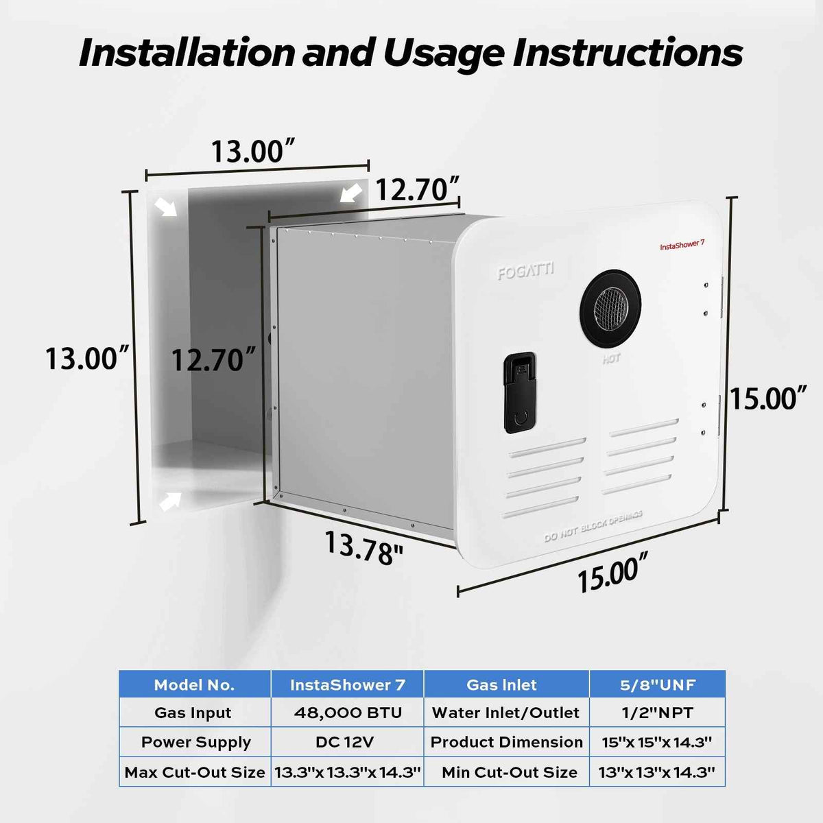 Fogatti InstaShower 7, 48,000 BTU RV Tankless Water Heater with Door