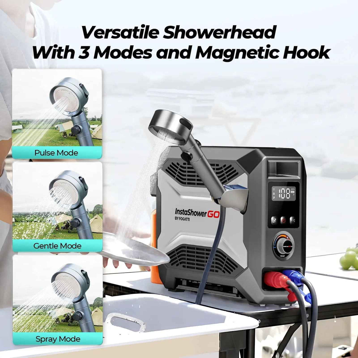 Open Box - Fogatti InstaShower GO Outdoor Portable Propane Water Heater with Pump, 19000BTU