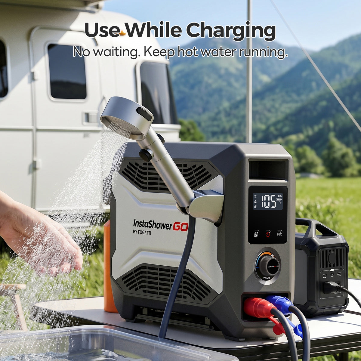 Fogatti InstaShower GO Outdoor Portable Propane Water Heater with Pump, 19000BTU