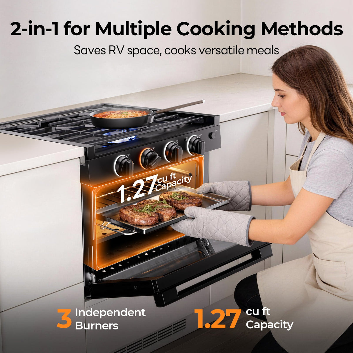 FOGATTI 17-Inch RV Oven Stove Combo, 3 Burner Propane Gas Range for Travel Trailer & Camper