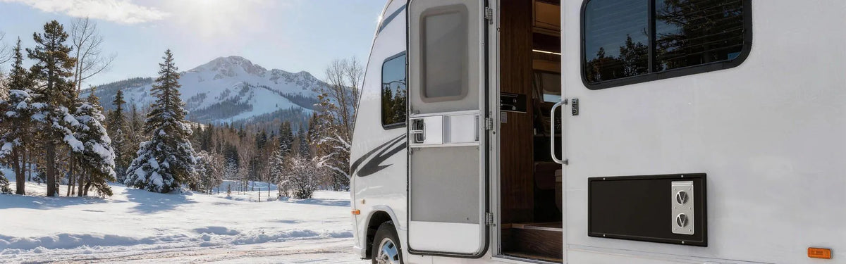 An RV parked in the snow with a mountain backdrop, showcasing the Fogatti RV furnace in a winter setting.
