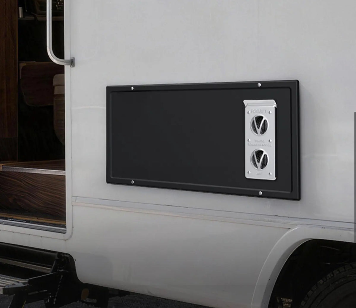 Fogatti black RV furnace exterior access door with exhaust vent