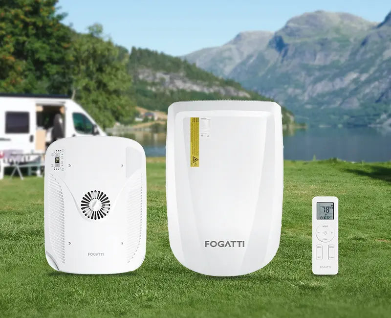 Fogatti air conditioner with a sleek design, featuring a digital display and control panel for air quality management.
