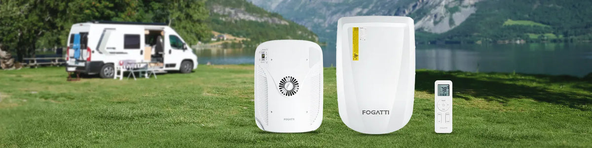 Fogatti air conditioner with a sleek design, featuring a digital display and control panel for air quality management.