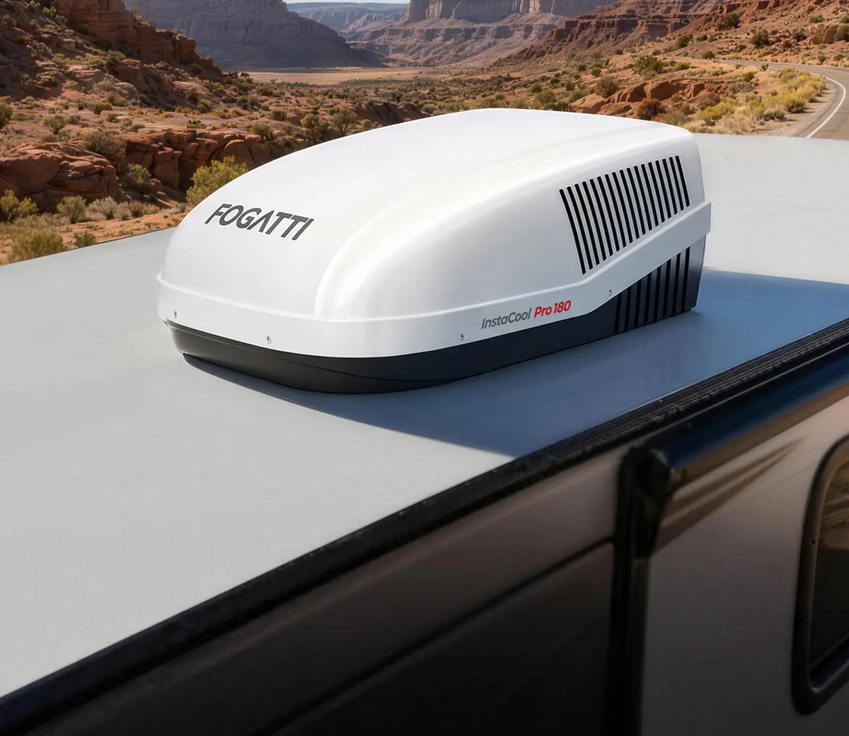 Fogatti RV air conditioner with aerodynamic shroud installed on roof