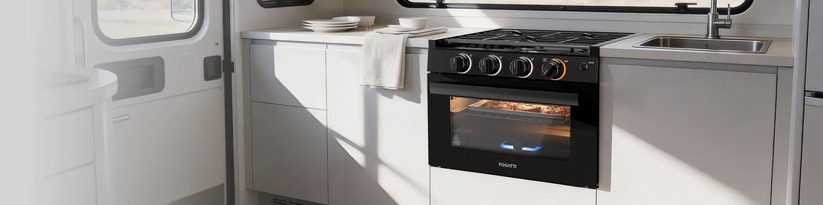 Fogatti RV gas range and oven combo installed in motorhome kitchen