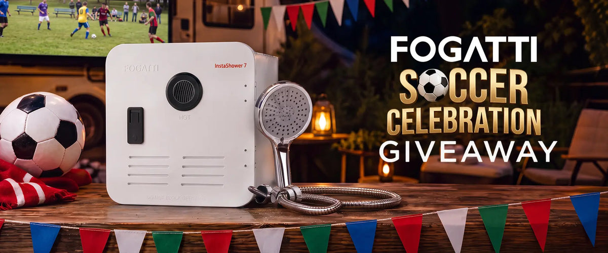  Fogatti RV water heater displayed at a soccer celebration giveaway event, showcasing its features and benefits to attendees.