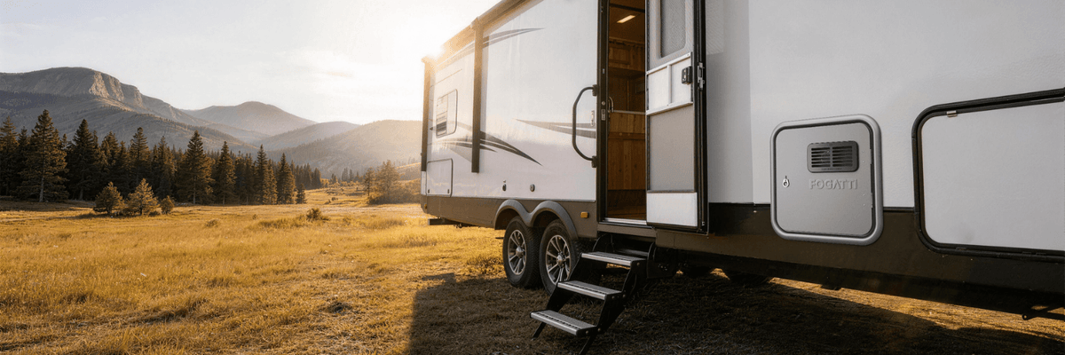 Close-up view of a camper sidewall featuring a Fogatti water heater door with ventilation, perfect for a reliable hot water supply during any RV trip.